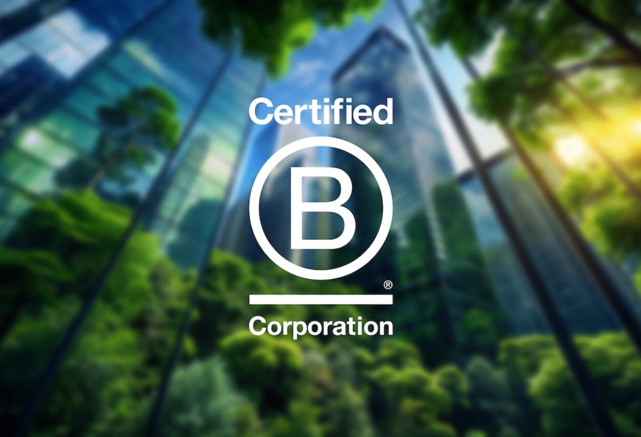 Certified B Corporation logo with building backdrop